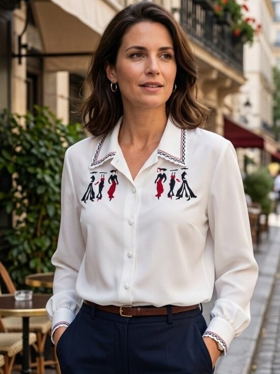 Vintage Tops - Vintage Jessica Embroidered Size 18 White Long Sleeve Button-Up Polyester Blouse